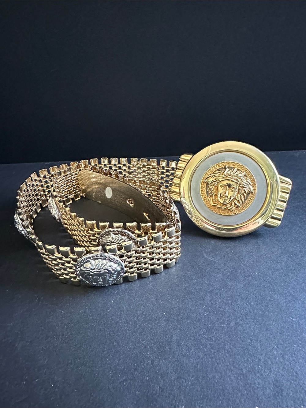 Vintage Avant Garde Wild Man Creature Belt Gold Tone Silver Tone Panel Link